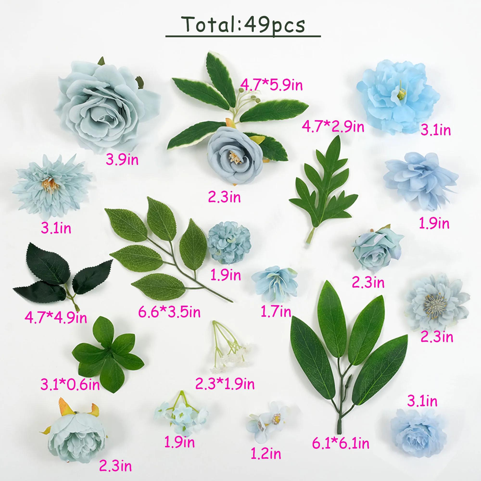 49PCS Mix Blue Artificial Silk Flower Head Green Leaf Combo For DIY Crafts Wreath Bouquets Floral Arrangement Decor Faux Flower