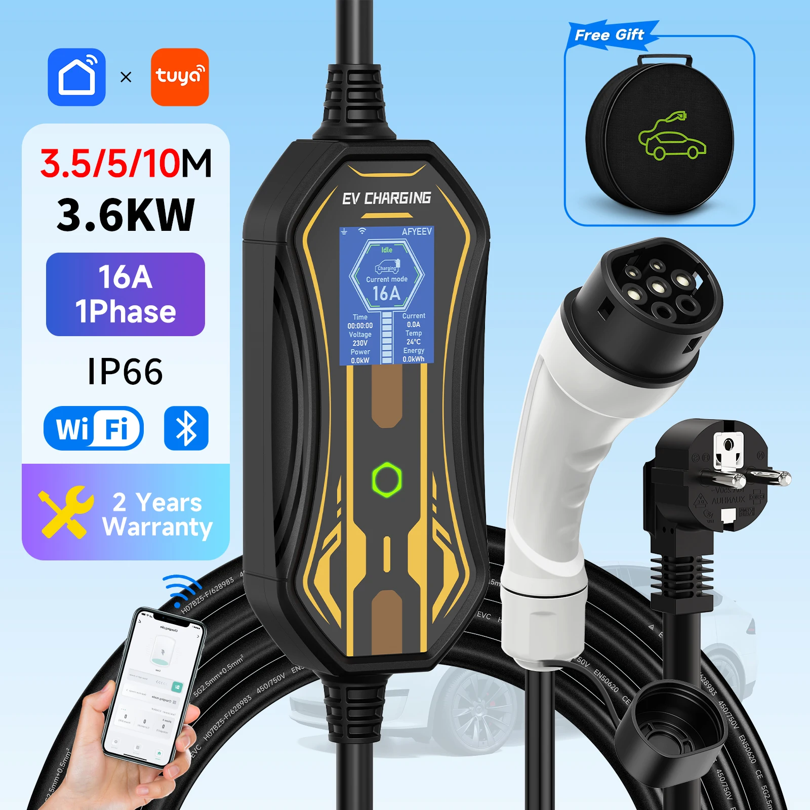 3.6KW Portable EV Charger Type2/Type1/GBT WiFi APP Control 16A 3.5M Cable for Electric Car Home Charging Wallbox
