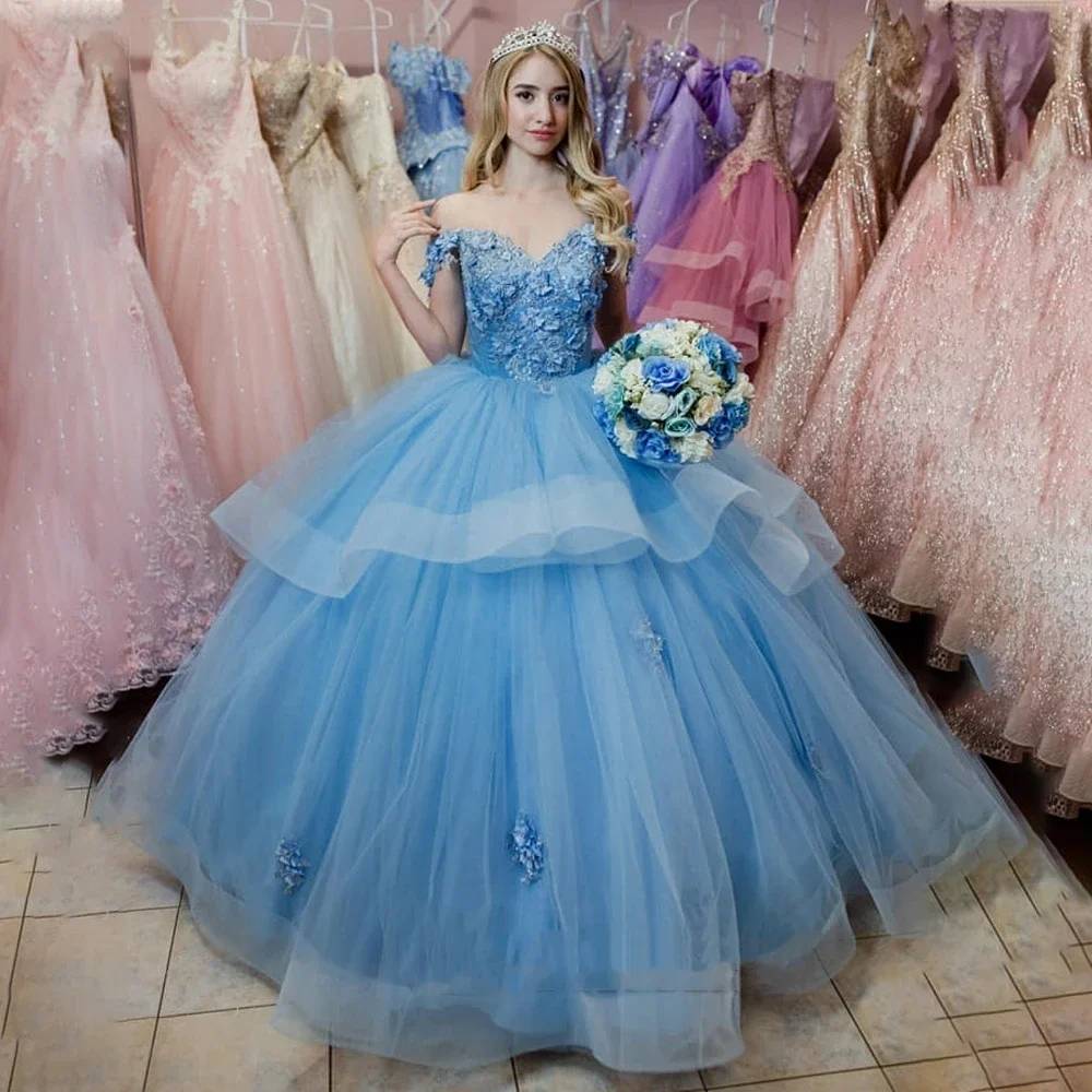 

ANGELSBRIDEP Blue Off Shoulder Quinceanera Dress Ball Gown Floral Lace Appliqué Ruffles Birthday Princess Vestidos De 15 Anos