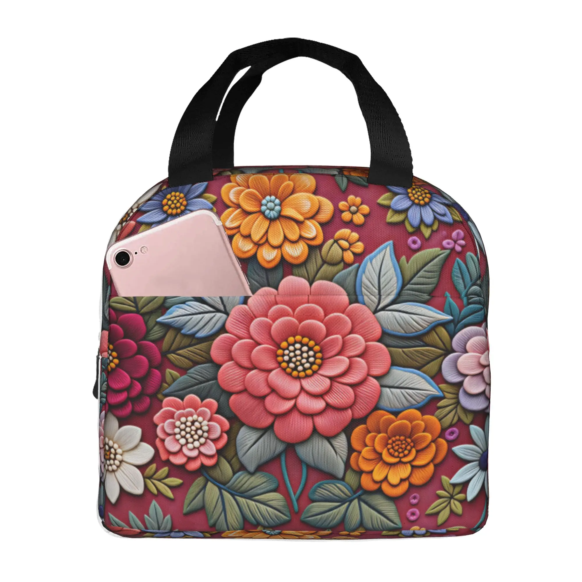 Luxury High Blooming Various 3D Floral Insulated Lunch Bags for Trend Floral Portable Thermal Cooler Food Lunch Box Camping