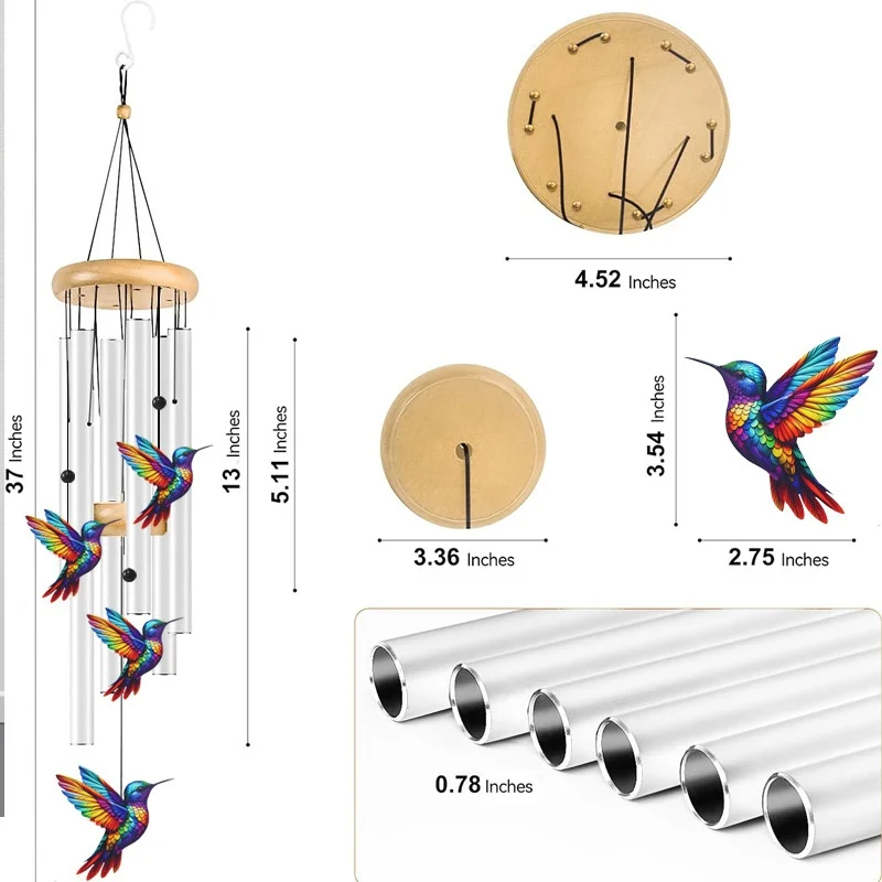 37 Inch Wooden Metal Hummingbird Wind Chime, Birthday Outdoor Memorial Garden Hanging Decor, Home Ornament for Patio Yard Decor