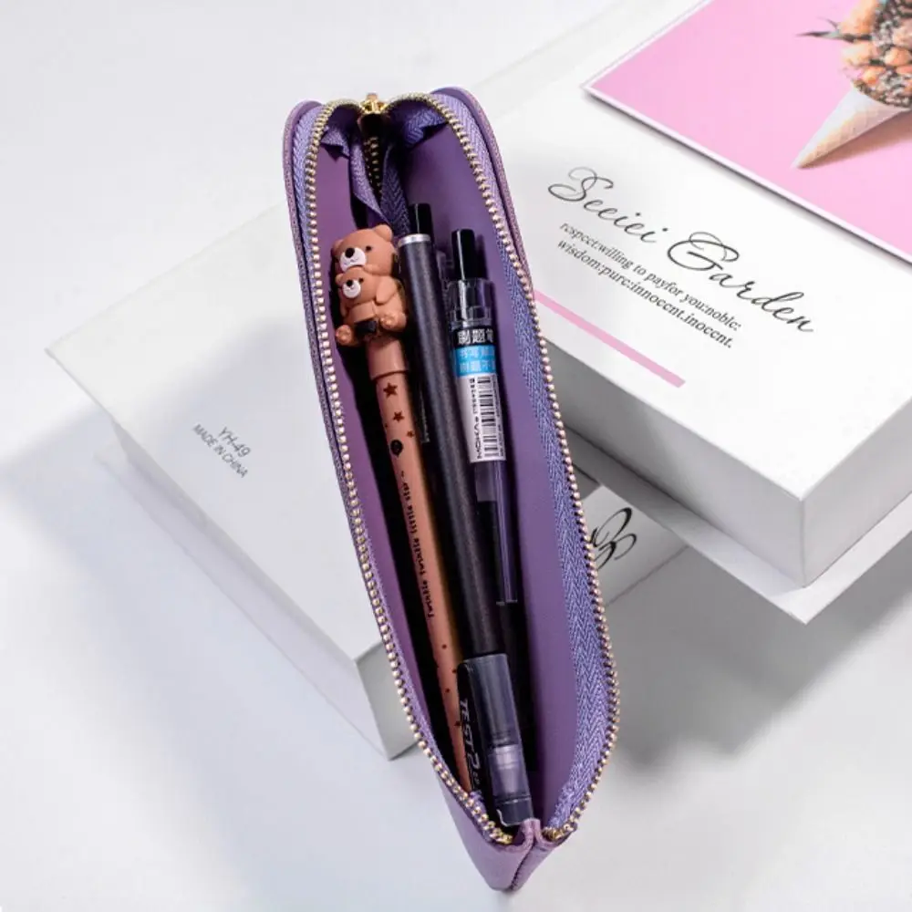 Stylish Portable Simple Pen Bag Leather Compact Stationery Organizer Multi-function Elegant Stationery Storage Bag