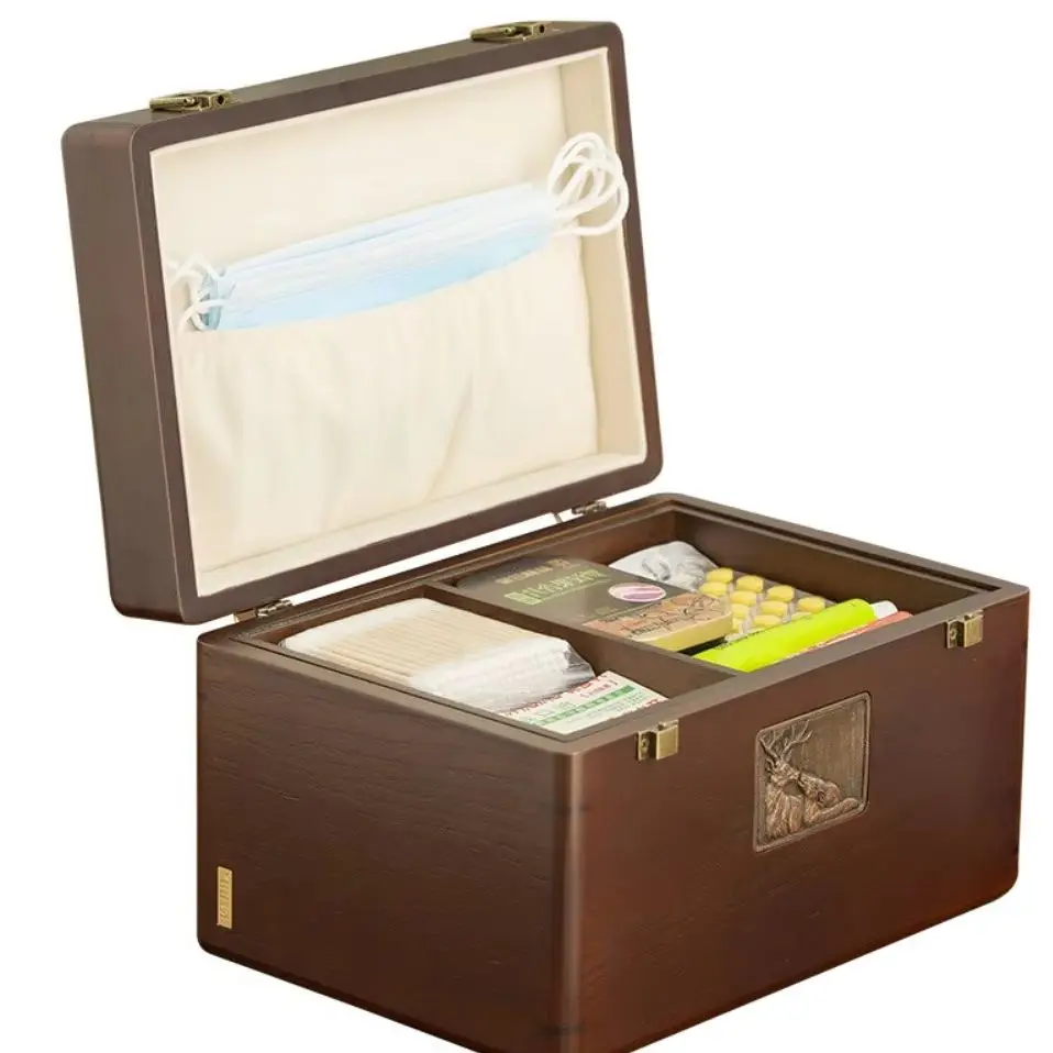 Large-Capacity Portable Medicine Box Household Family First Aid Small Solid Wood Mask Drug Storage Organizer