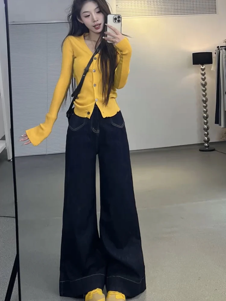 

American Style High Waist Wide Leg Denim Jeans Women's Straight Loose Drapey Floor-Length Pants Spring New Arrival