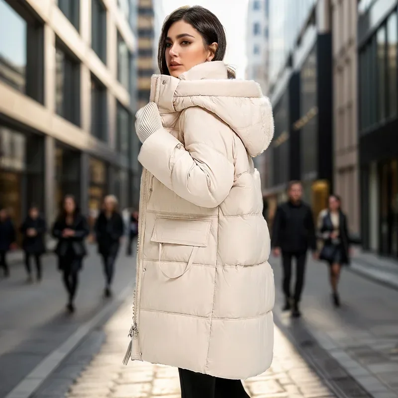 Chaqueta larga de plumón de algodón para mujer, parka con capucha y cuello levantado, abrigos con bolsillos hasta la rodilla, gruesa y cálida,