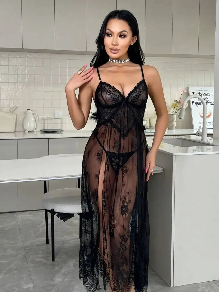 Nuevo vestido Sexy de malla de encaje transparente elegante vestido de pijama con bordado de flores sin espalda tirantes en V profundo vestido sin mangas encantador H0CM