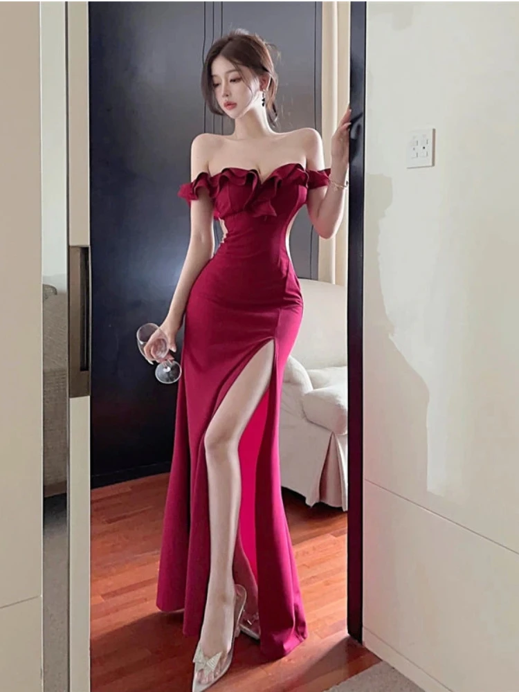 

2026 New Women's Elegant Shiny Party Bodycon Robes Sexy Slim Red Sleeveless Long Dress Fashion Solid Maxi Gown Dresses