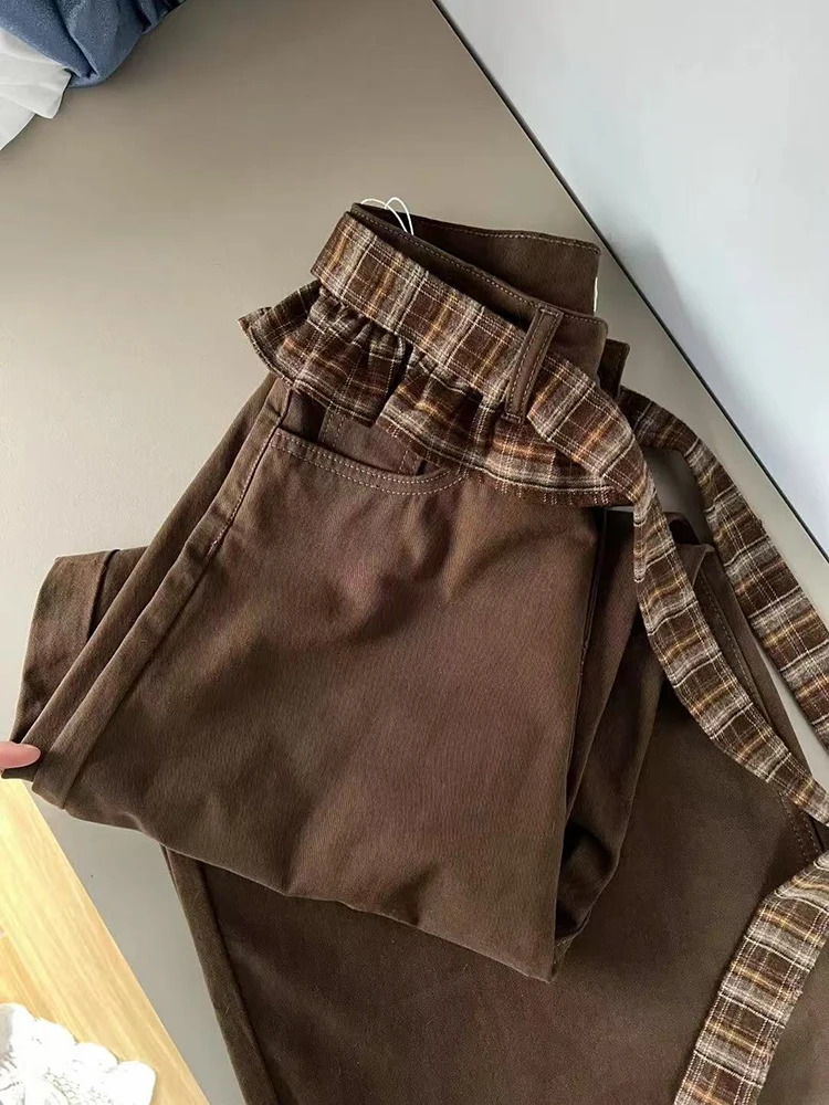 Jean café Vintage en Patchwork pour femmes, taille haute, couture à lacets, jambes larges, pantalon en Denim, Streetwear Y2K, pantalon droit