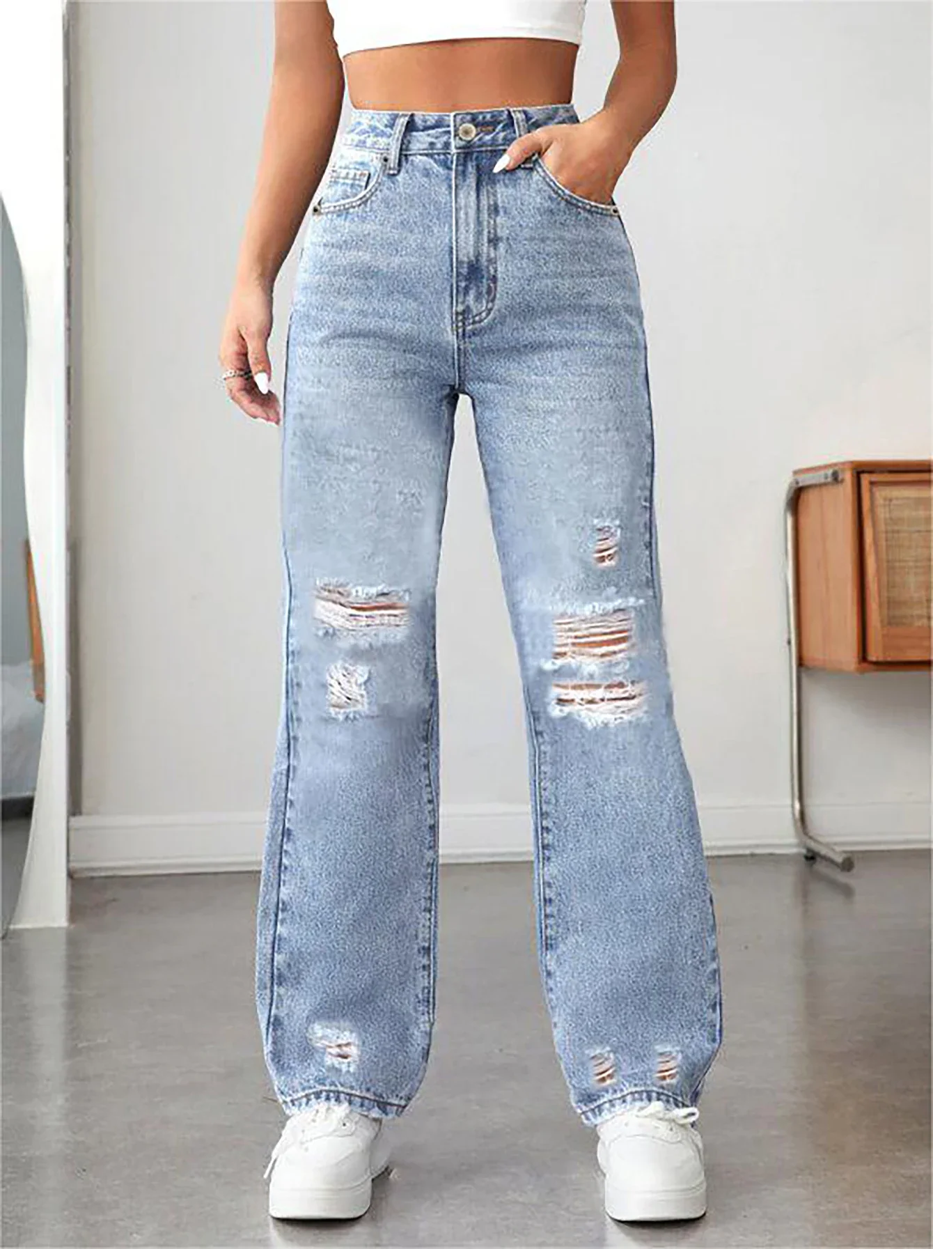 

Женские повседневные джинсовые широкие брюки с карманами и дырками, свободные брюки, женские брюки 2025 года