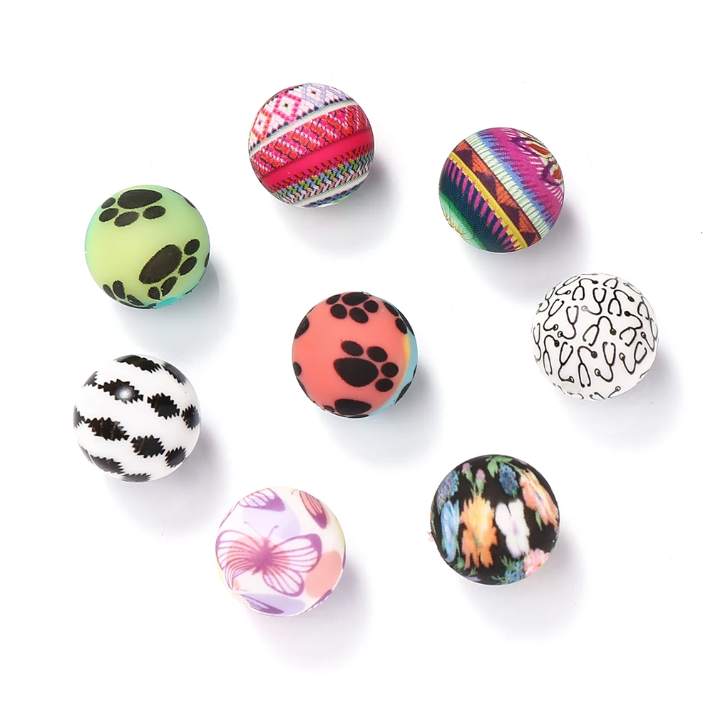 10Pcs 15mm New Silicone Beads Round Pow Flower Print Focal Bead DIY Necklace Bracelet For Jewelry Making Handmade Accessories