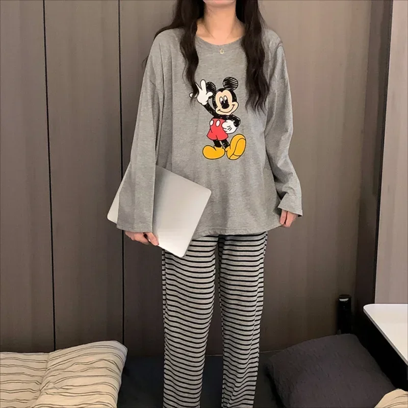 Disney Mickey pigiama autunno puro cotone cartone animato pantaloni a maniche lunghe casual due pezzi set pigiama da donna loungewear set