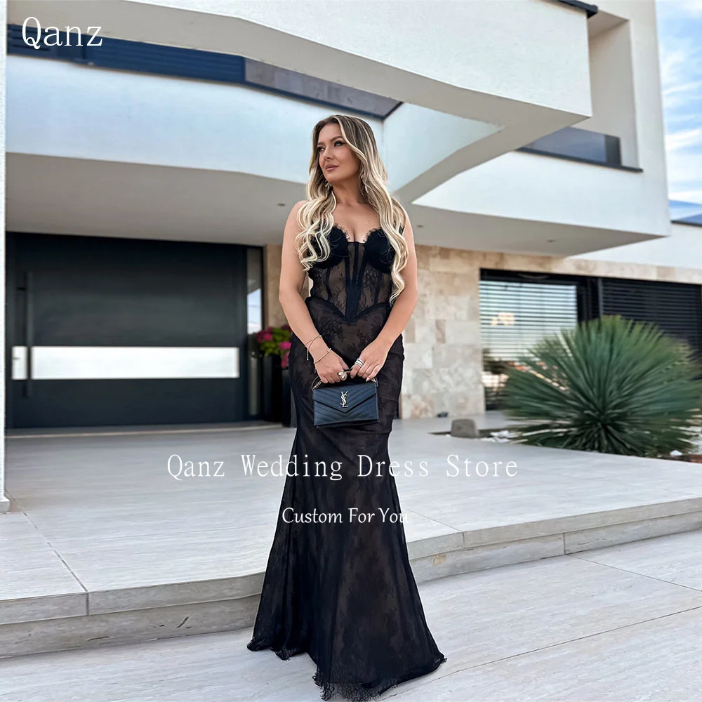 

Qanz Modest Black Prom Dress Sweetheart Lace Appliques Mermaid Evening Dresses Women Sleeveless Abendkleider Dubai Customized