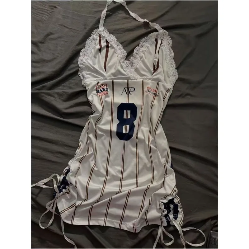 American Sexy Sweet Hottie Letter Print Halter Neck Hang Vest Dress Women Y2k Harajuku Striped Lace Sleeveless Tops Pajama Dress