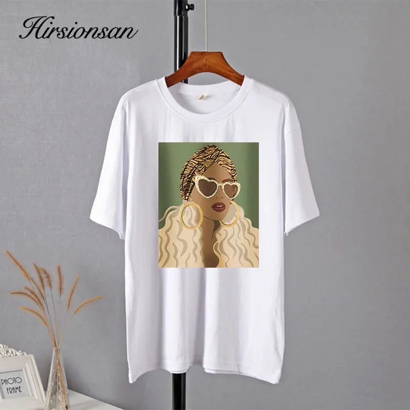 Hirsionsan Trendy Loose Graphic T Shirts for Women 2023 Summer 100% Cotton Short Sleeve Tees Female Casual Soft Streetwear Tops