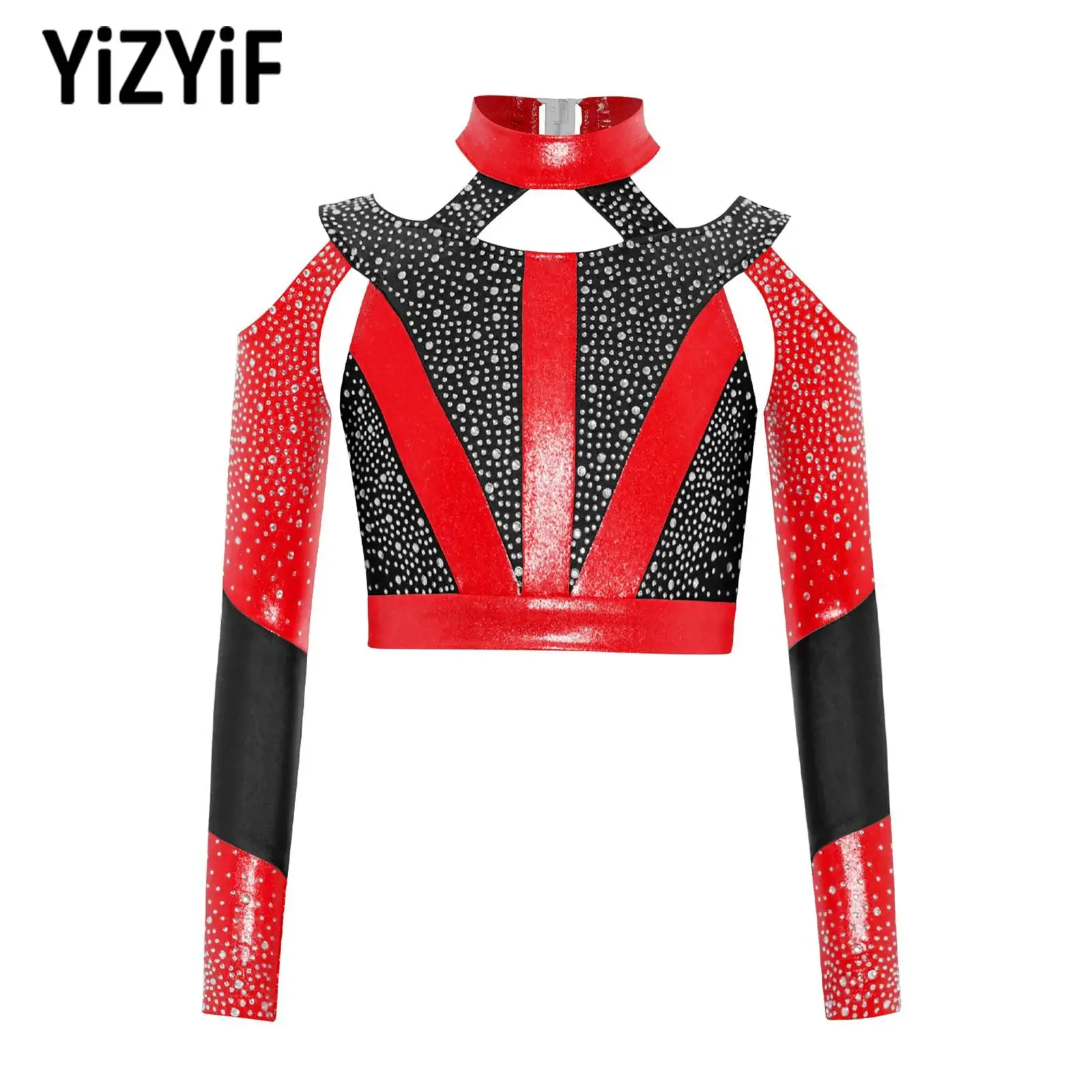 

Long Sleeve Rhinestone Crop Top for Kids Girls Gymnastics Figure Ice Skating Acrobatics Dance Costume Dancewear Performance Tops