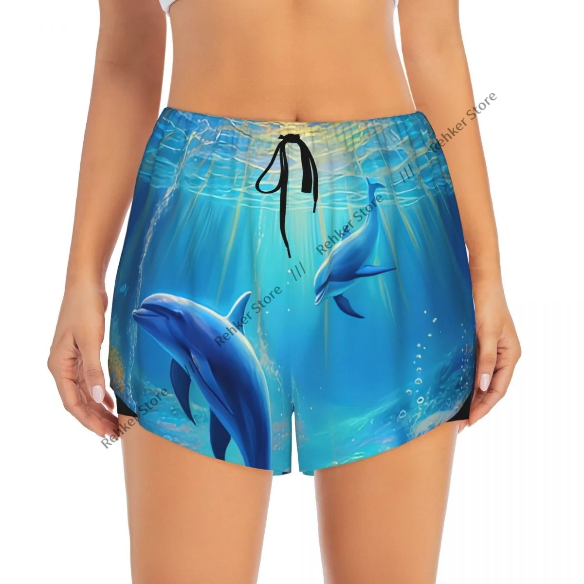 ヨガショーツ 女性用 フィットネスショーツ バイカーワークアウト スポーツ イルカ 海の世界で泳ぐ 速乾性 スポーツウェア ポケット付き