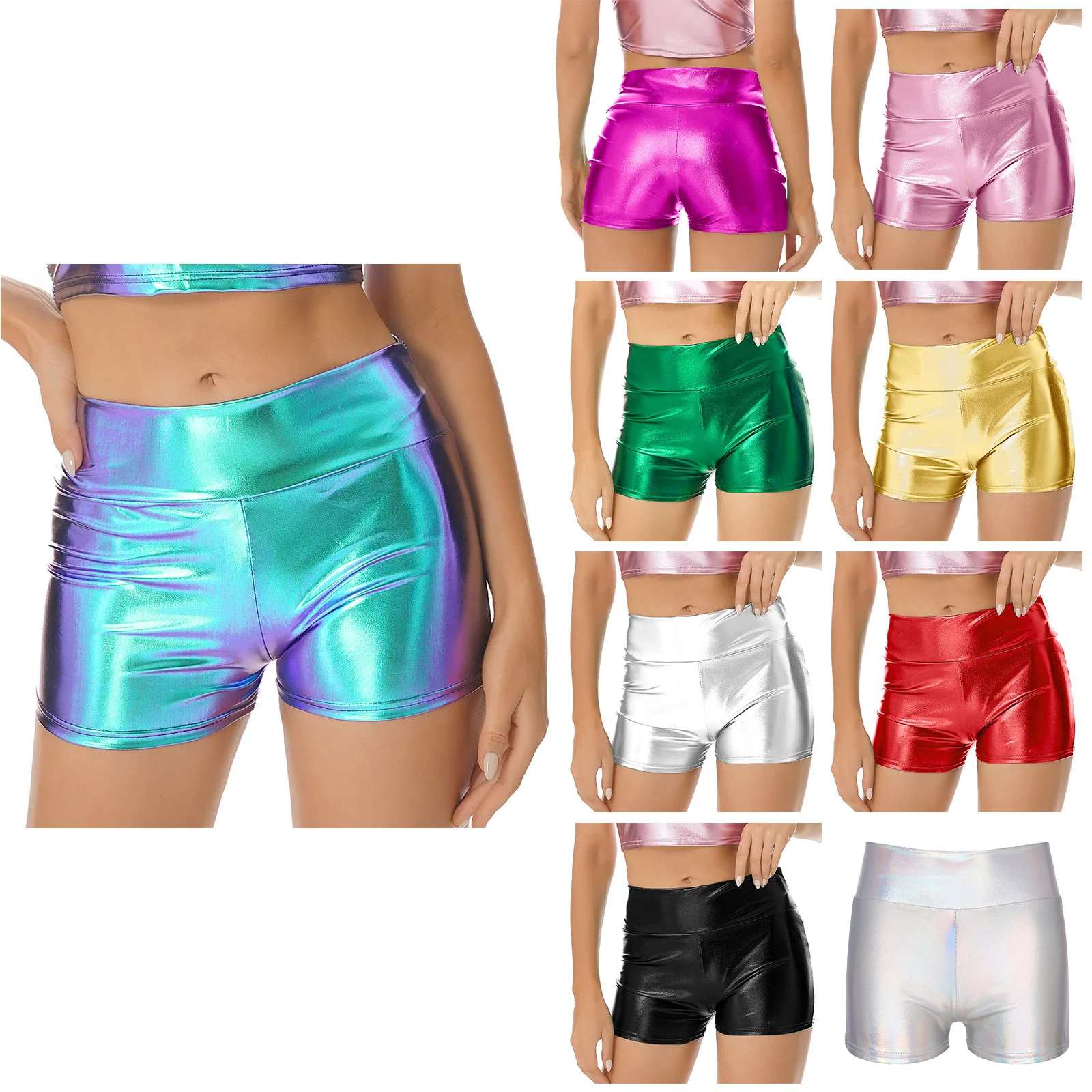 Women Metallic Shiny Booty Shorts High Waist Hot Pants Jazz Pole Dance Costume Festival Rave Party Nightclub Bottoms Clubwear