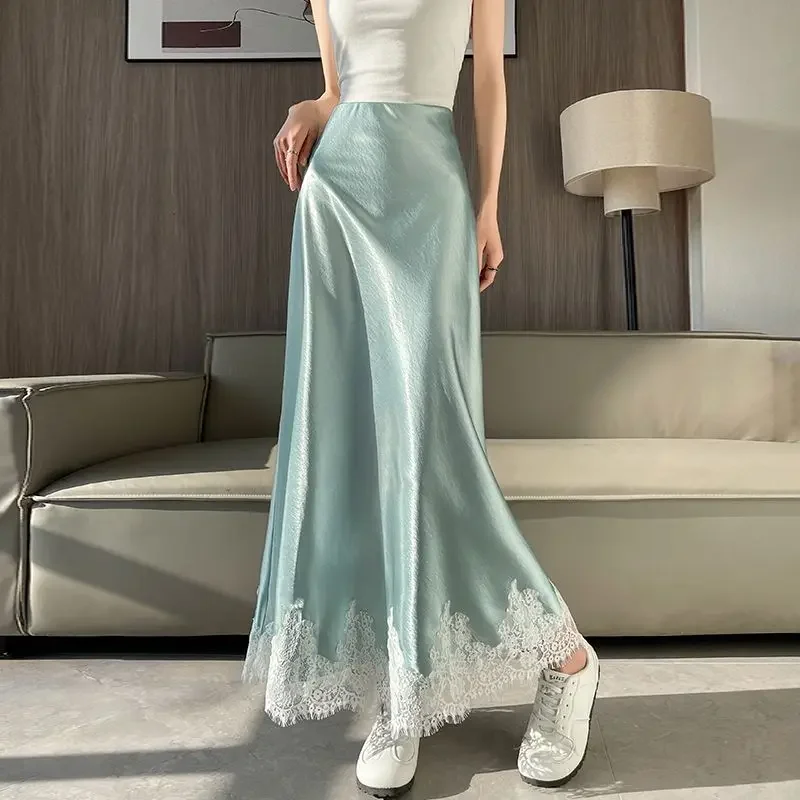 

Lace-acetate Satin Fishtail Skirt for Women, Spring/summer High-waisted, Drapey A-line Mid-length Dress