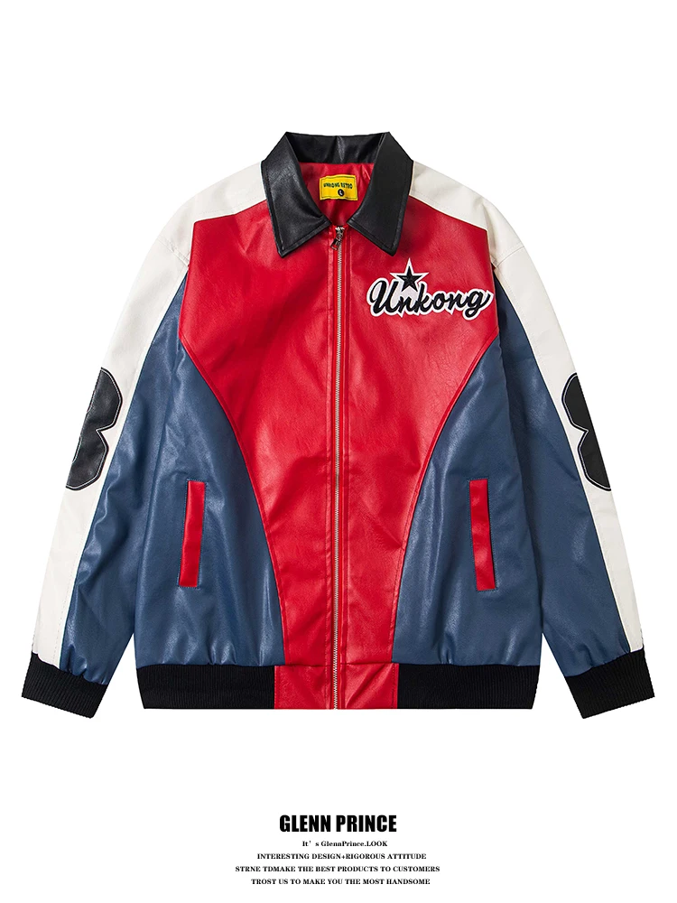 

GPstudio American Sle Streetwear Embroidered Color Blo Leather Jaet Men's Faionable Biker Windproof Outerwear