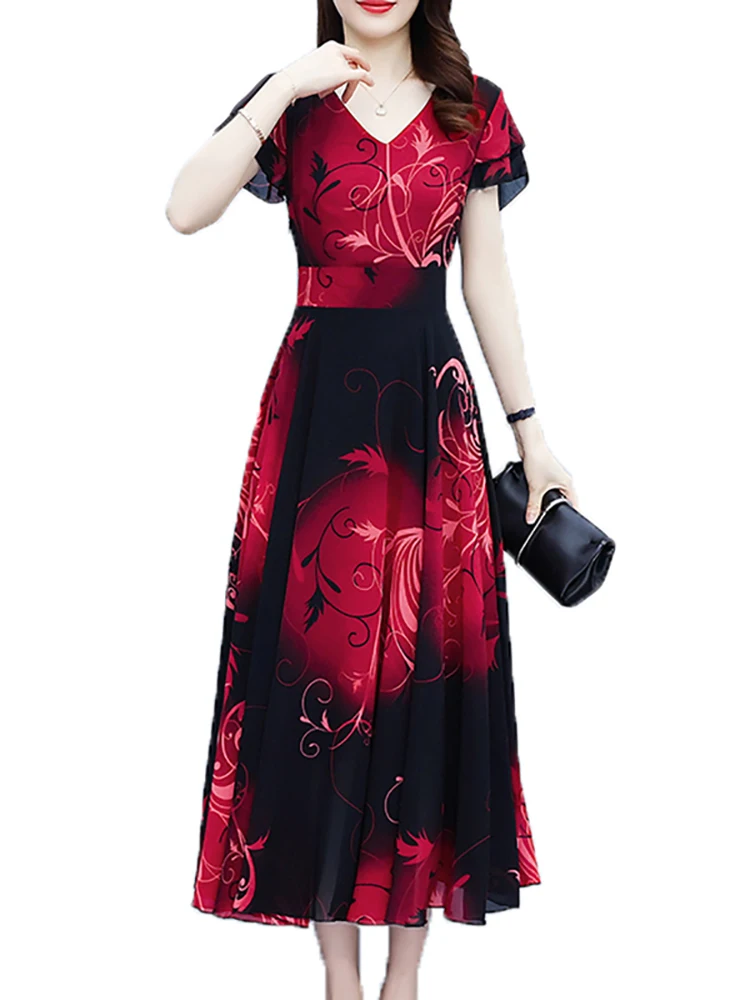 Summer Red Floral Chiffon Short Sleeve V-Neck Midi Robe Summer Vintage Elegant Prom Night Dress 2024 Bodycon Party Long Vestidos