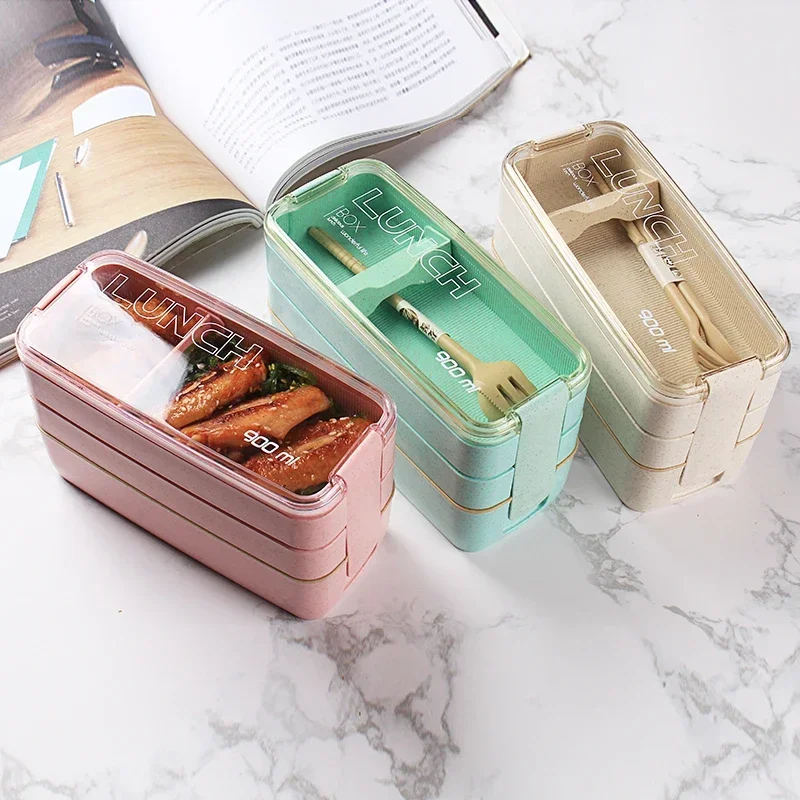 3-In-1 Compartment Wheat Straw Bento Box Reusable Tableware Lunch Containers Meal and Snack Food Containers Portable Lunch Box