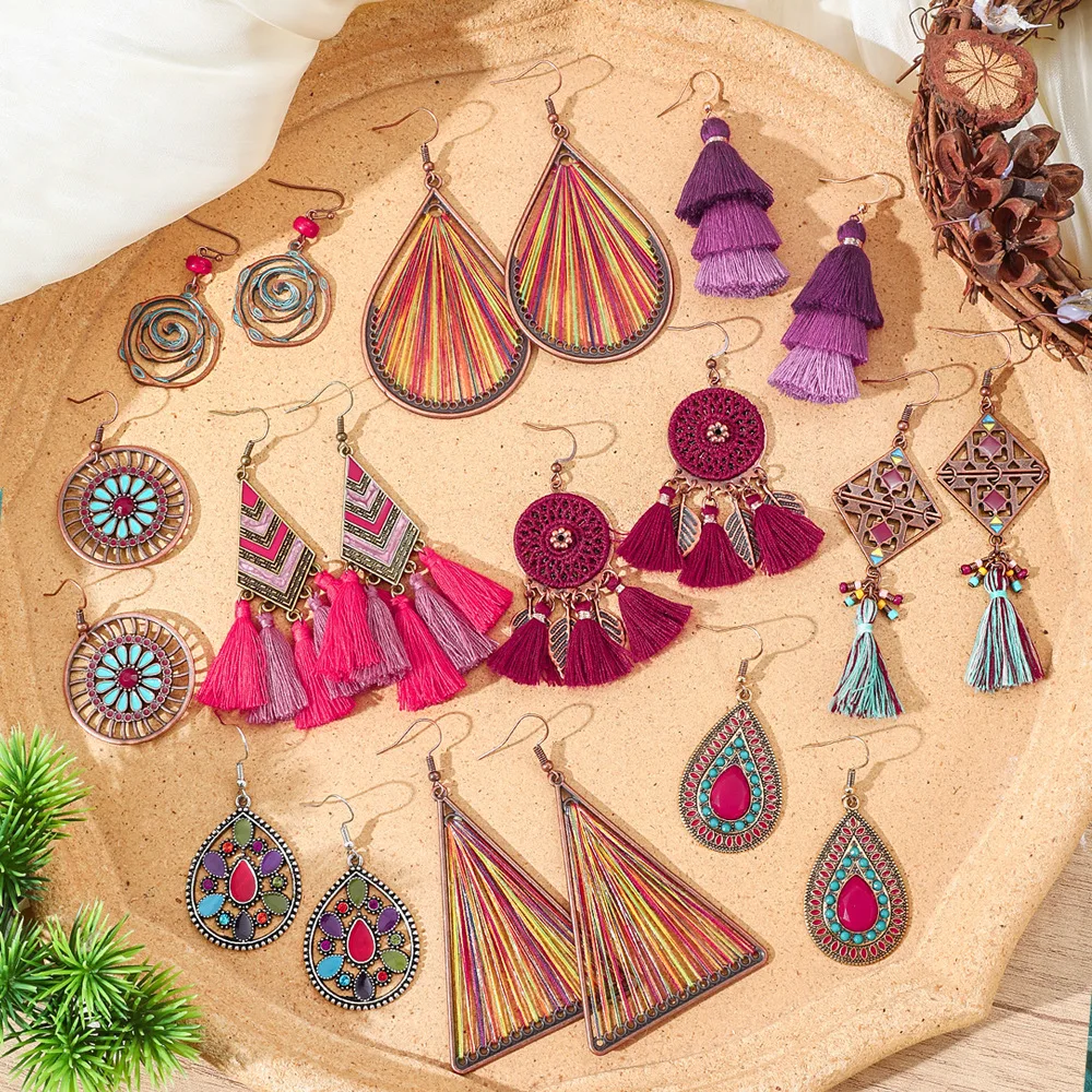 Cross-border hot-selling retro bohemian hand-woven fringed earrings travel vacation personality creative ear jewelry