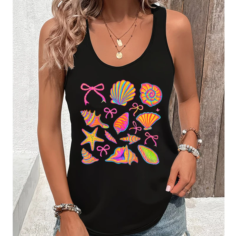 Summer Vibes Women Top Racerback Tanks Coquette Seashell Graphic Tank Top Women Coastal Travel Summer Outfit Tanks & Camis