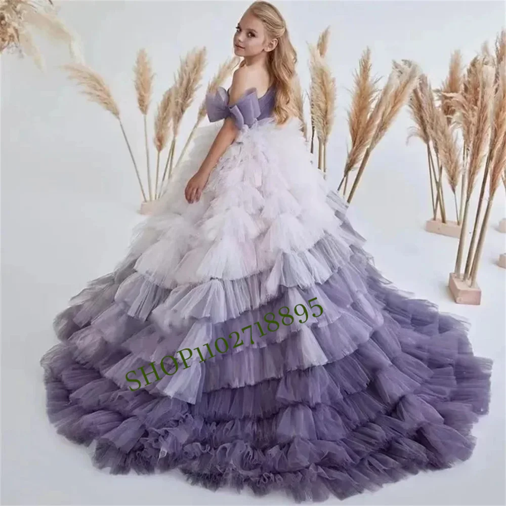 

Champagne Flower Girl Dress For Wedding Tulle Applique Long Sleeve With Bow Child's First Eucharistic Birthday Party Dresses