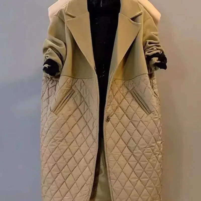Fat Sister Inverno / Autunno Nuovo Cappotto trapuntato in lana trapuntata con diamanti da donna di grandi dimensioni in cappotto lungo in cotone con colletto a silhouette