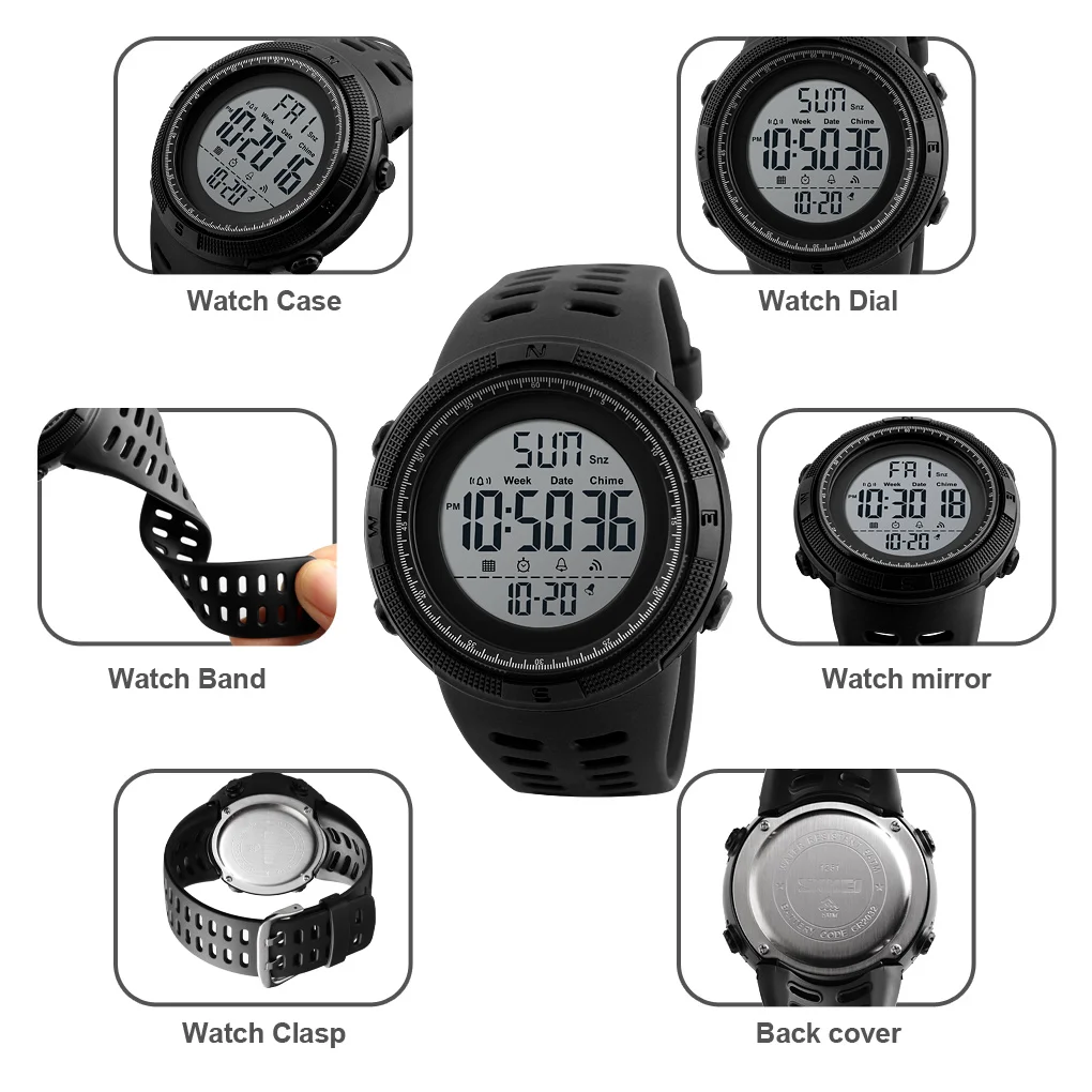 SKMEI 1251 Outdoor Sport Watch Men Multifunction Alarm Clock Chrono 5Bar Waterproof Digital Watch