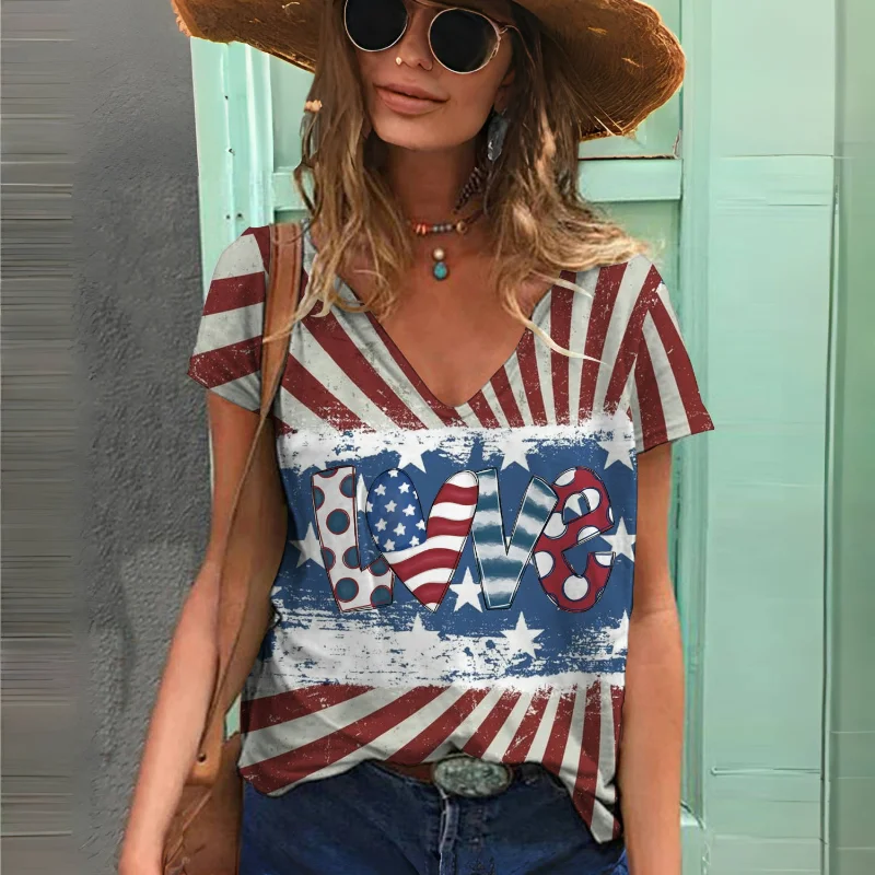 

American Flag Printed T-Shirt for Women 4th of July Tops Independence Day Casual V-Neck Streetwear Tees USA Patriotic T-Shirts