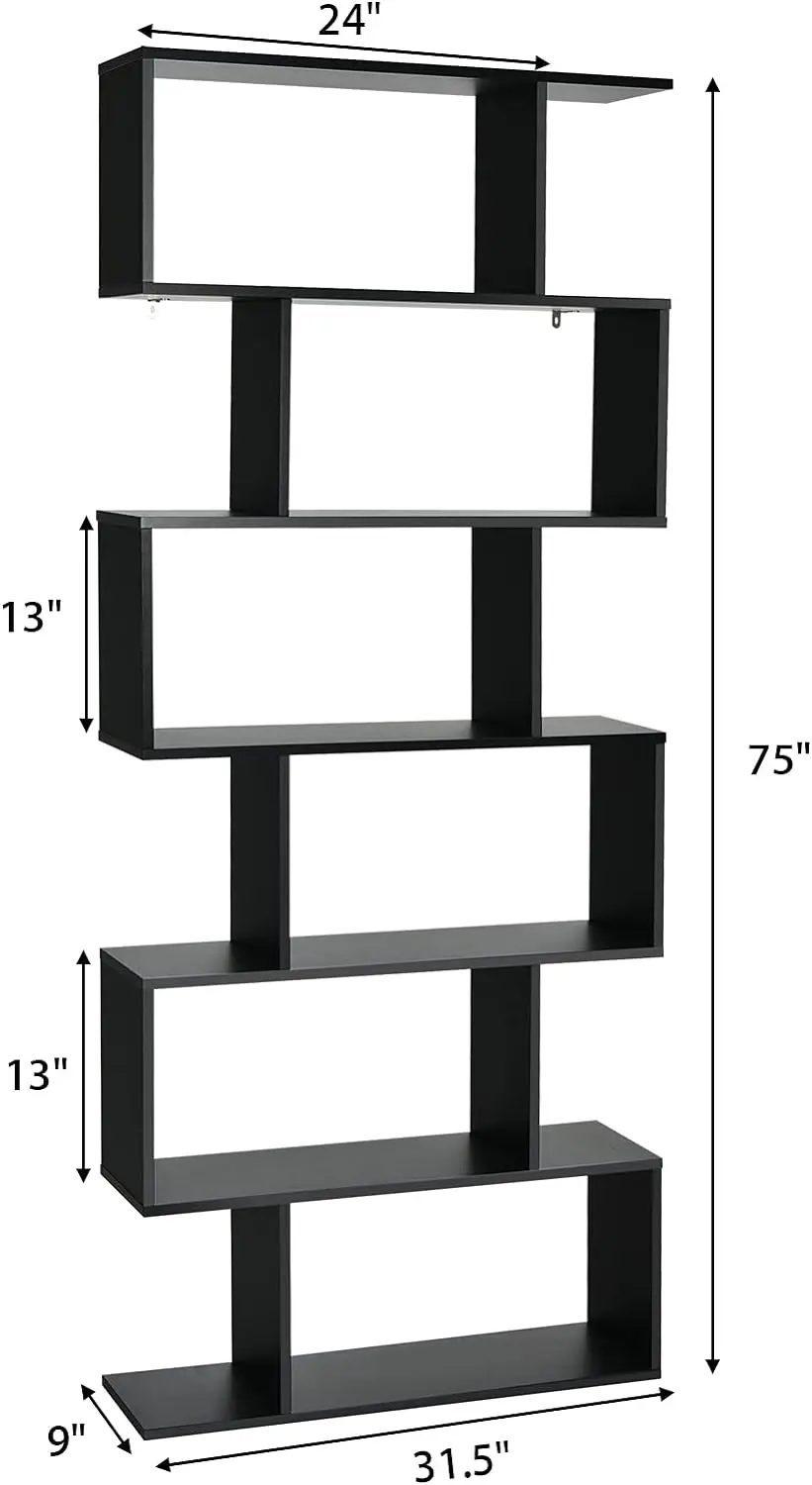6단 S자형 나무 책장, 31.5'L x 9'W x 75'H, 넘어짐 방지, 룸 디바이더 디스플레이 선반