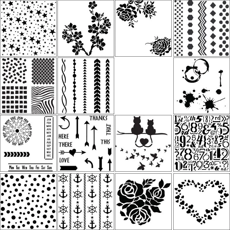 DIY Scrapbooking Stencil Set 13x14cm 6/12/16Pcs Mixed Pattern No Repeat Craft Journal Painting Stencils for Scrapbooking