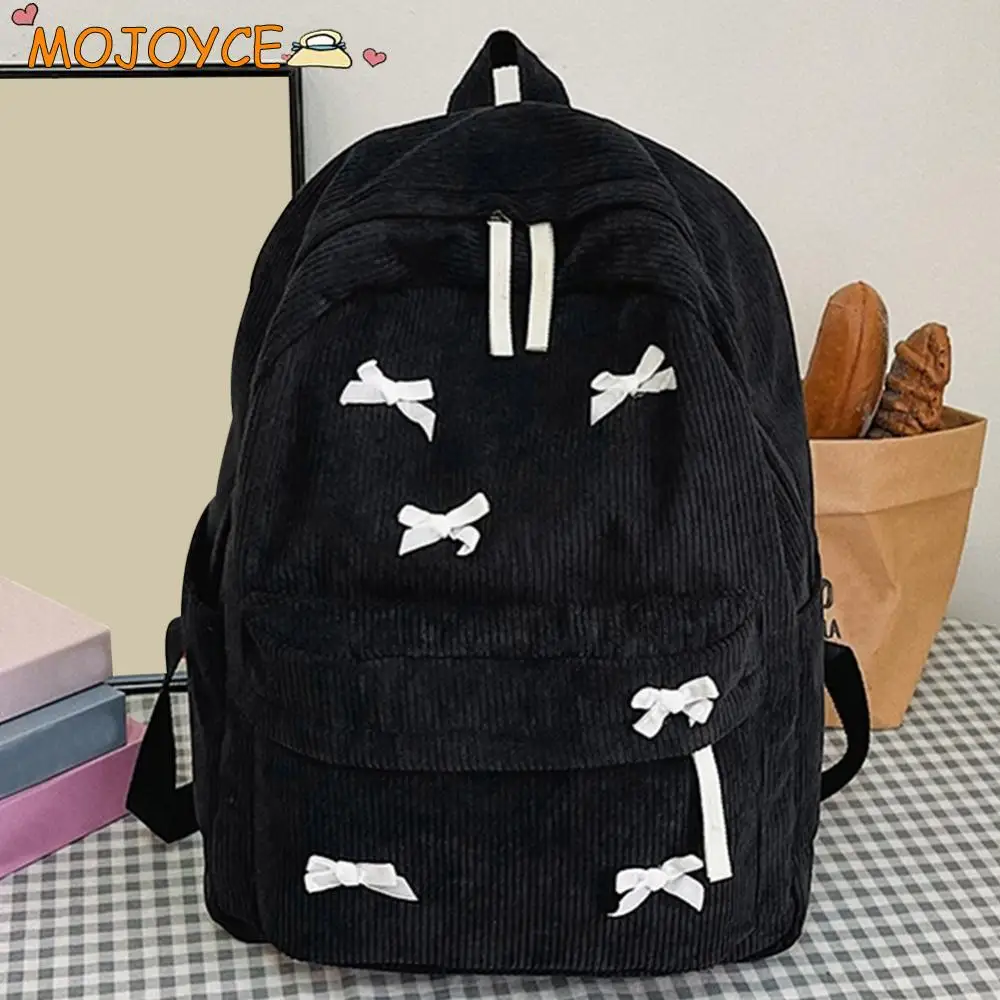 Black Bowknot Aesthetic School Bag for Girl Corduroy Teen Student Book Bag Large Capacity Travel Daypack College Laptop Backpack