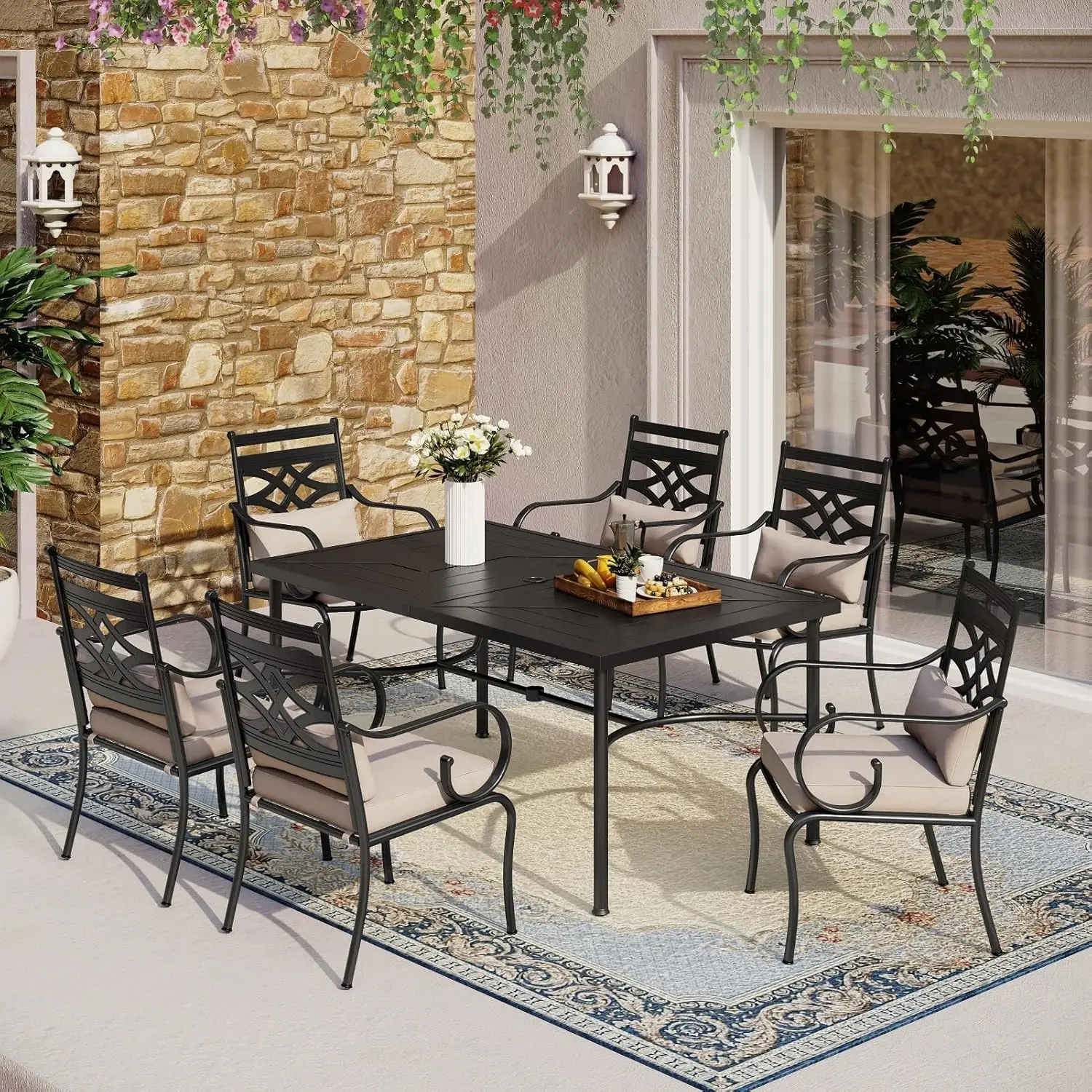 7 Pieces Outdoor Patio Dining Set for 6, Steel Frame Slat Larger Rectangular Fretwork Table with 1.7