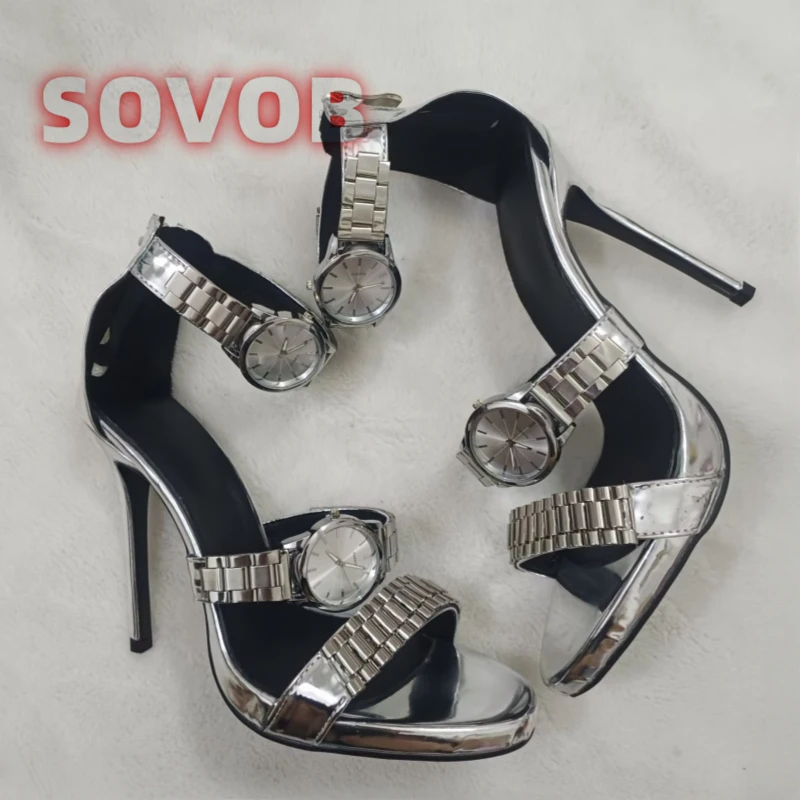 

Womens Silver Watch Embellished Strap Sandals Sexy Stilettos Heel Sandals Open Toe Ladies Chain Detail Gladiator Sandals 35-44