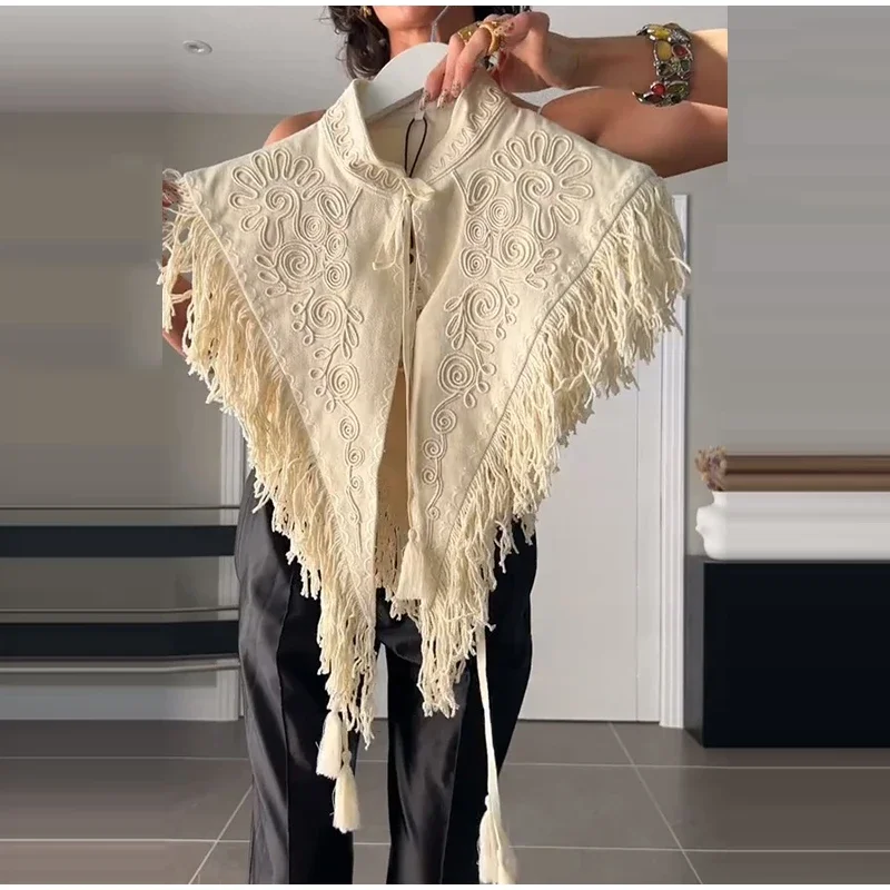 2026 Vintage Embroidery Tassel Shawl Summer Stand Neck Sleeveless Lace Up Irregular Women's Top New Casual Elegant Clothes 2026