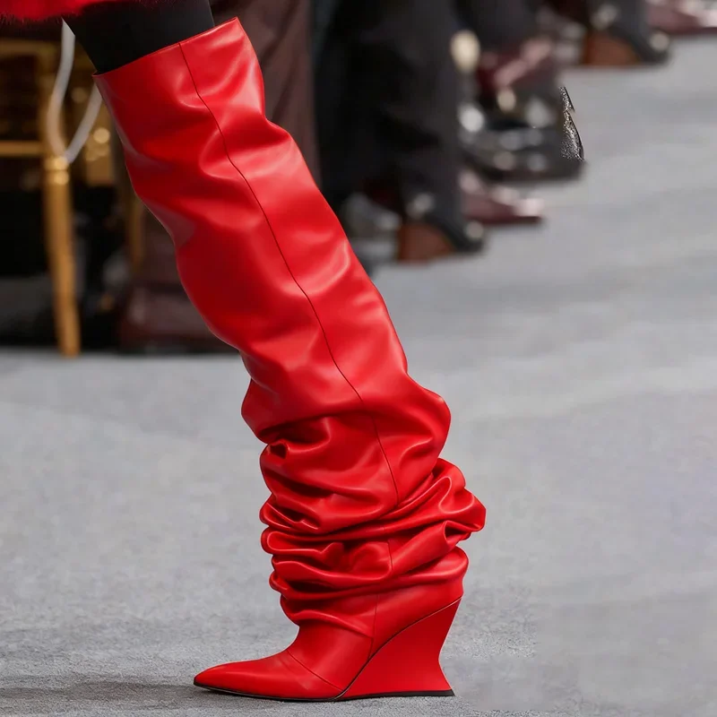 

Wedges Pleated Over The Knee Slouchy Boots Sexy Pointed Toe Matte Leather Customzed New Arrivals Fashion Women Modern Boots