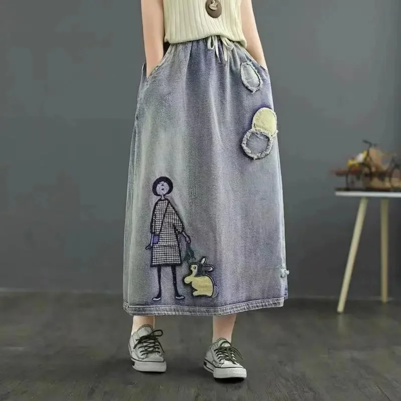 Korean Lady Fashion Large Size 4XL Long Skirts Autumn Female High Waist Pocket A-line Skirt Spring Women Embroidered Denim Skirt