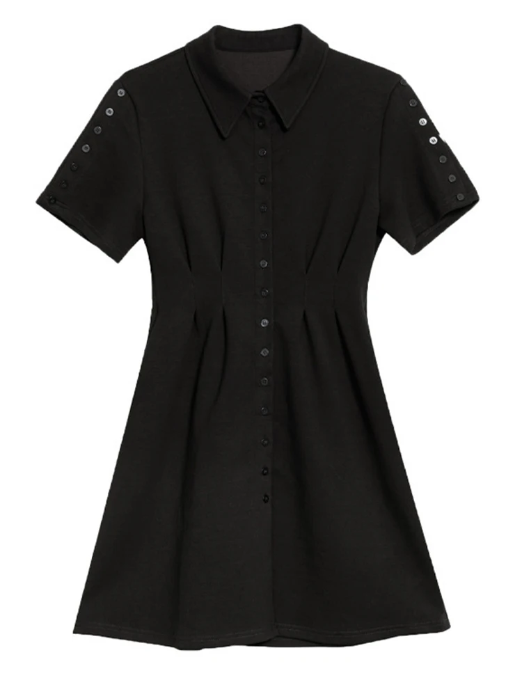 [EAM] Donna Nero Pieghettato Breve Elegante Mini Abito Camicia Nuovo Risvolto Manica Corta Moda Marea Primavera Estate 2024 1DH6087