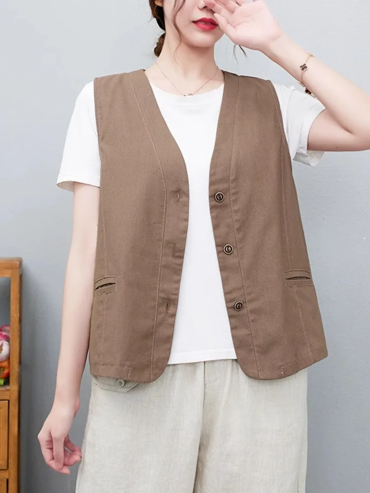 

Summer Thin Cotton Linen Vest Women's Commute Outerwear V-ne Svel oulder Pad Small Size Casual Linen Top