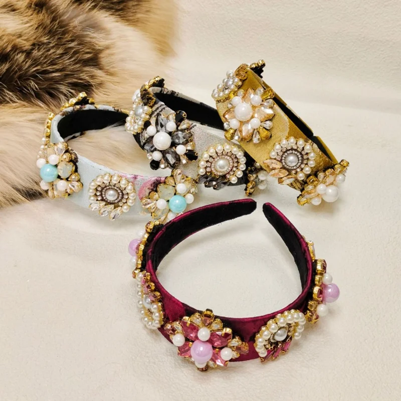 バロックジャカード刺繍ヘッドバンドパレスパールダイヤモンドヘアフープ女性フェスティバルパーティーヘアアクセサリーとヘッドウェアヘアクリップ