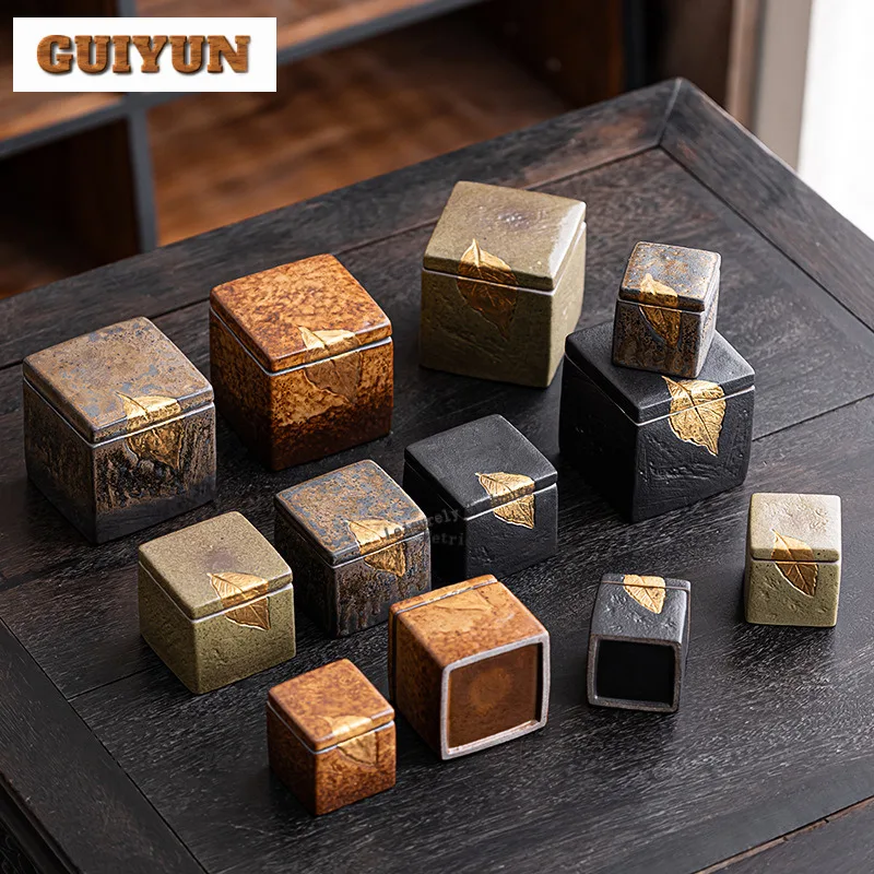 正方形の金色の枝翡翠の葉茶箱オーガナイザー防湿美的収納タンクコンテナ茶キャディ中国茶セットギフト