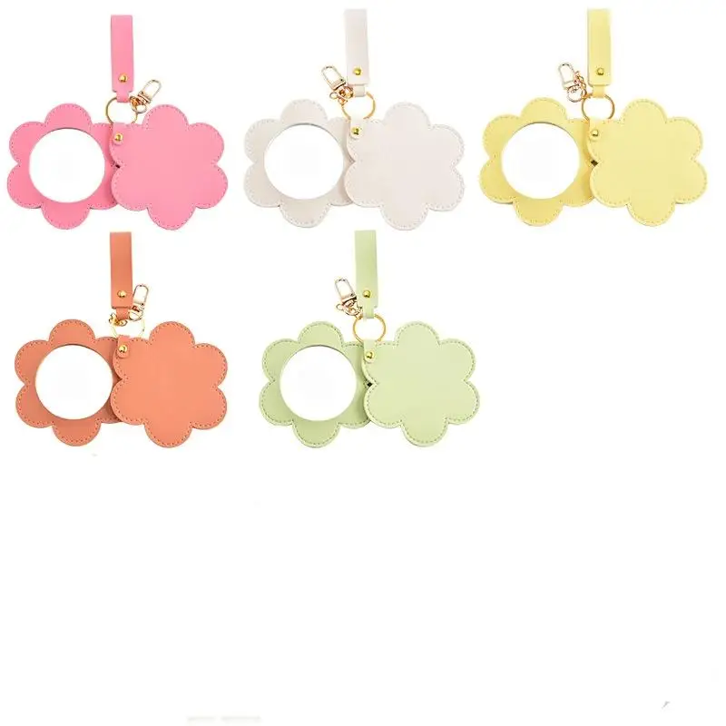 PU lederen bloemvorm make-upspiegel ronde ultradunne lichtgewicht cosmetische spiegels draagbare mini draaibare reiszakspiegel
