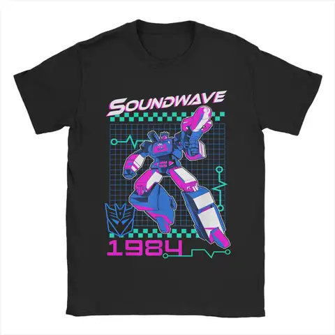 Fun Transformers Soundwave 1984 레트로 그리드 로고 티셔츠 남성 100% 코튼 티셔츠 Decepticons 반소매 티셔츠 독특한 상품
