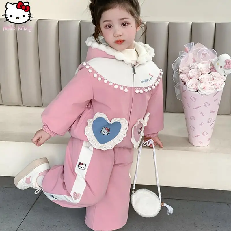 

New Hello Kitty Girl Anime Thickened Hooded Jacket Pant Suit Kawaii Cartoon Autumn Winter Warm Sanrio Fashion Tops Two Piece Set