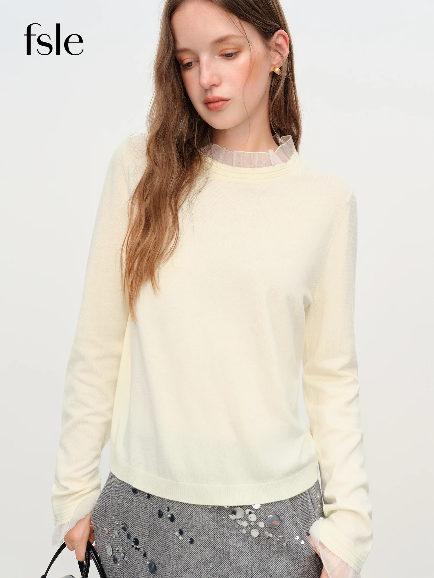 FSLE 2025 Women's Mock Neck Knit Top - Ruffle Trim Detail Layering Staple Autumn Winter Base Layer with Soft Stretch Fit