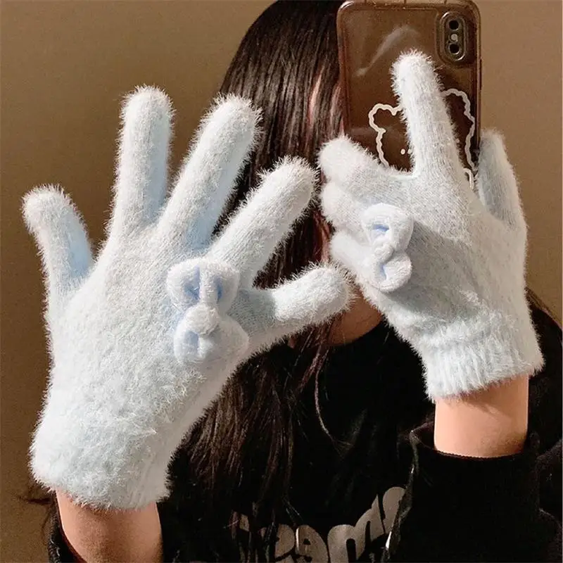 Gants en peluche avec nœud doux pour femmes, chauds d'hiver, à cinq doigts, résistants au froid, accessoires de mode pour étudiants, idées cadeaux de noël