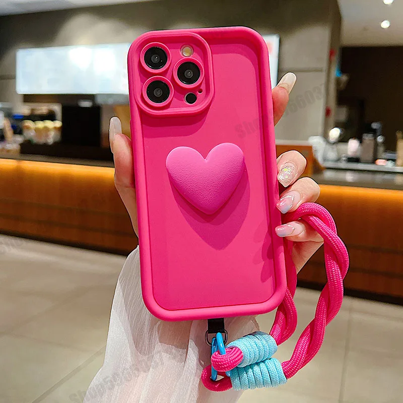 A 55 35 25 15 Cute Love Heart+Lanyard Silicone Case On Samsung Galaxy A55 A35 A25 A15 A05S 4G 5G S24Ultra Women Matte Back Cover