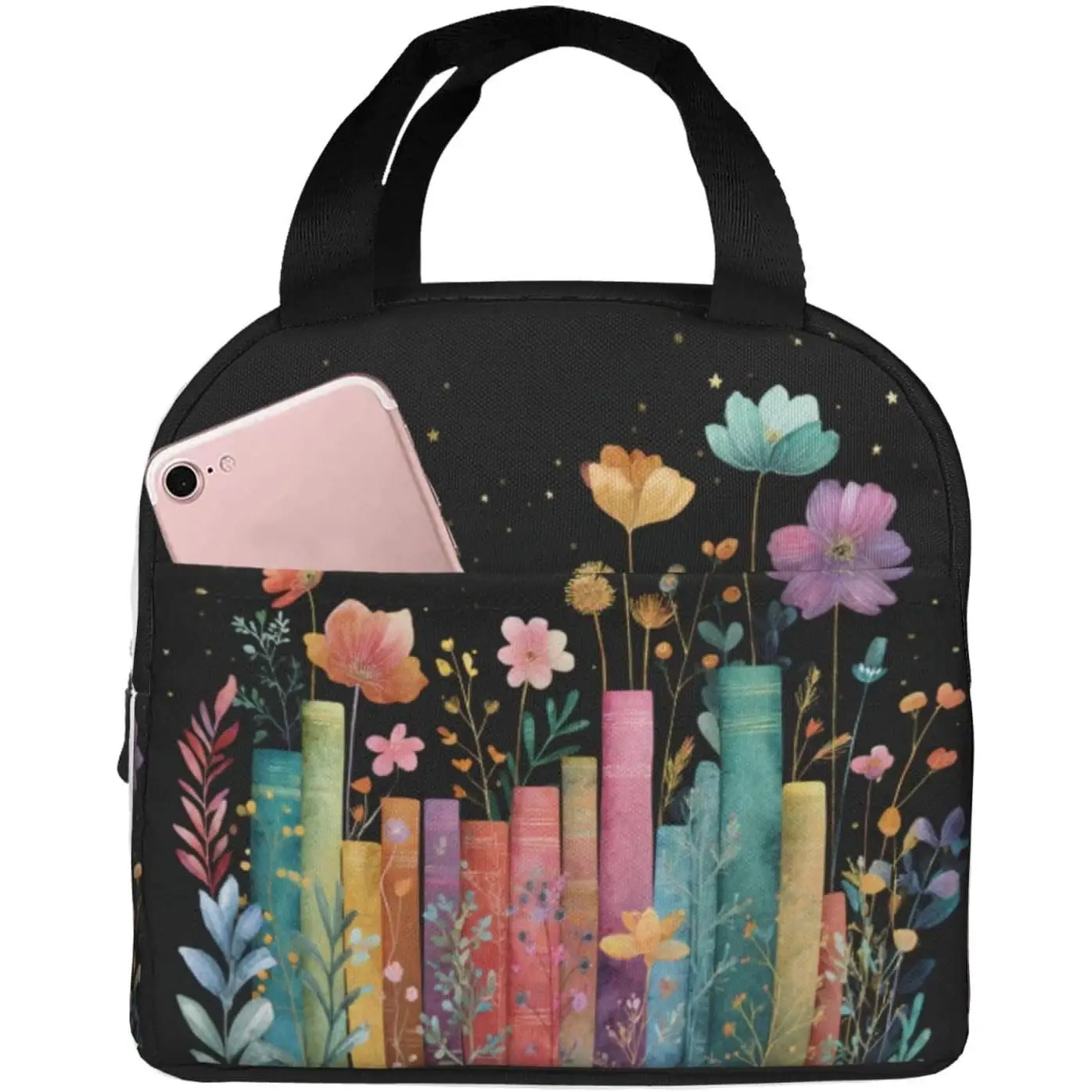 

Lunch Bag Books Flower Botanical Insulated Lunch Box Reusable Cooler Tote for Adults Student Girl Boy Work Office School Picnic